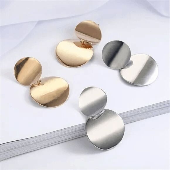 2/$21 Gold Double Circle Ladies Dangle Earrings - Picture 2 of 5